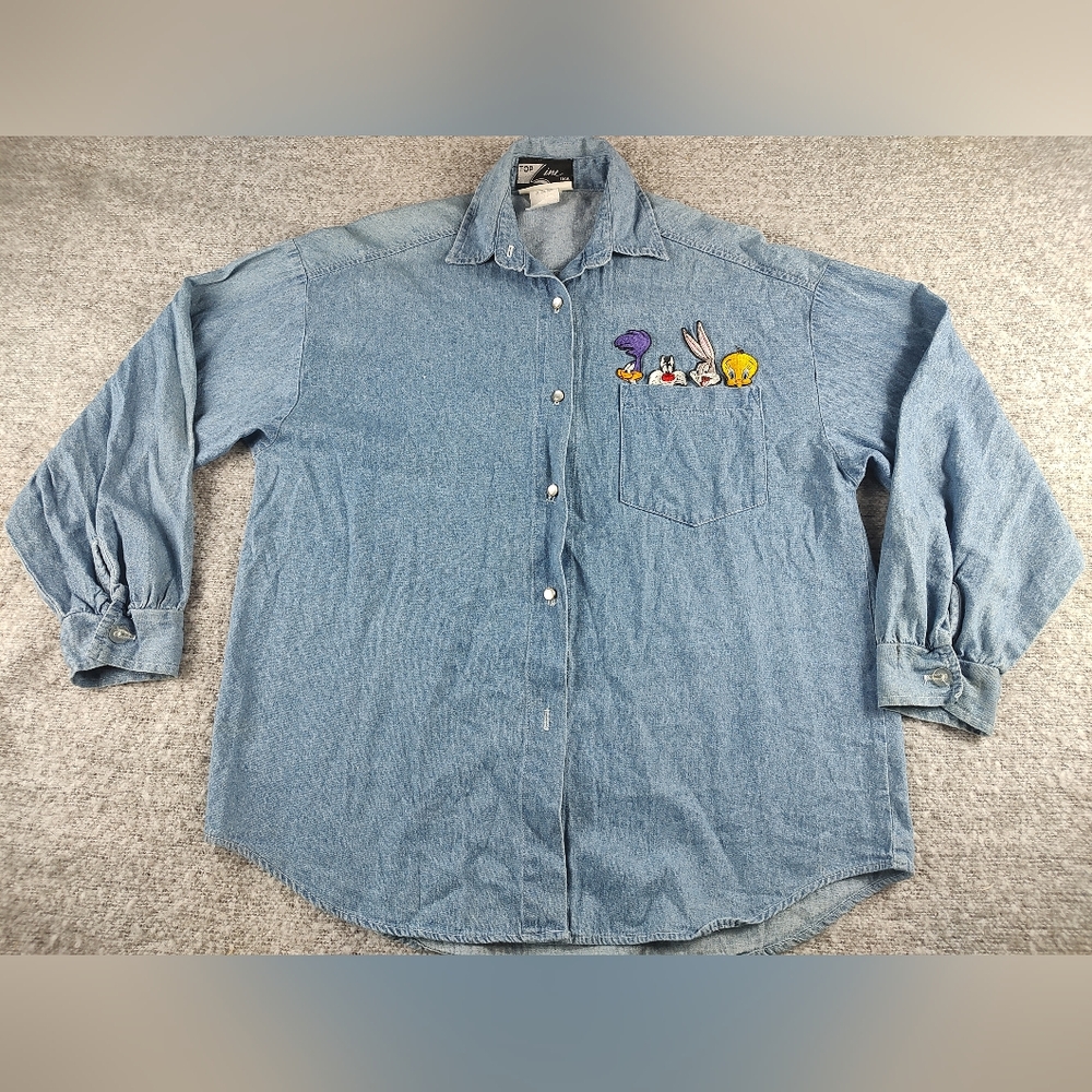 Woman Blue Denim Shirt with Cartoon Embroidery Medium